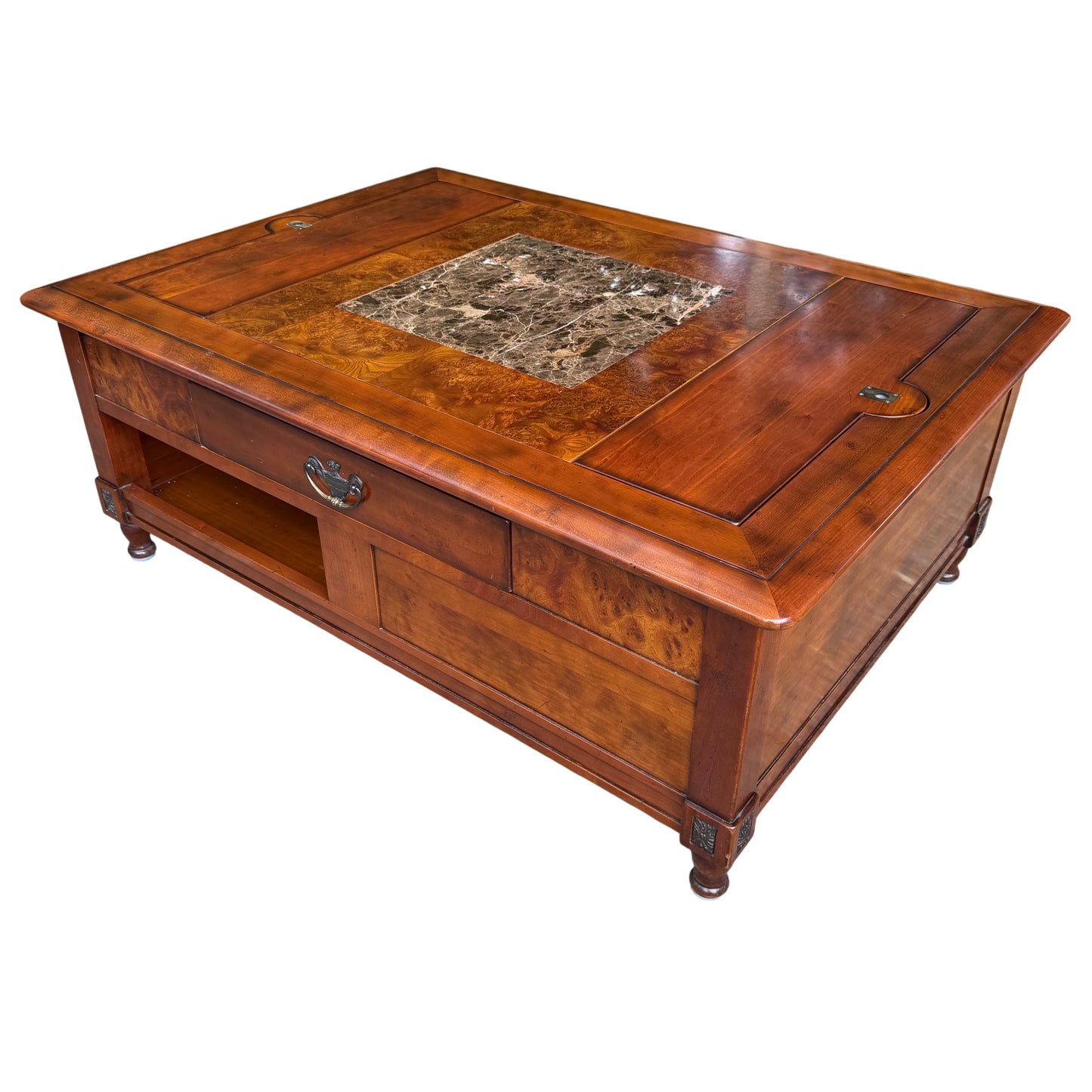 French reproduction coffee table with central dark marble inset and burl veneer top