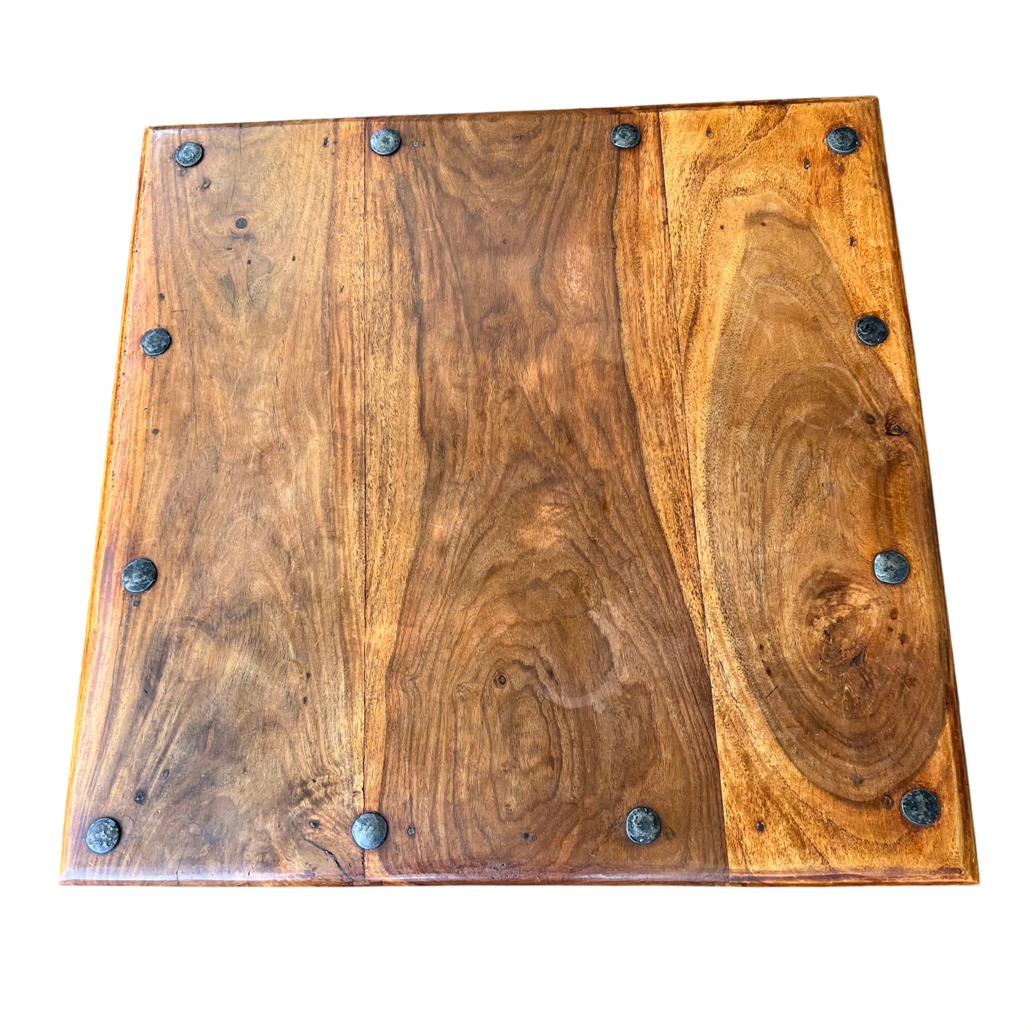 Rustic side table with turned wooden legs and black iron strap fittings