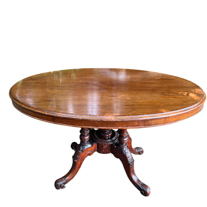 Victorian mahogany tilt-top dining table with round top and carved pedestal base
