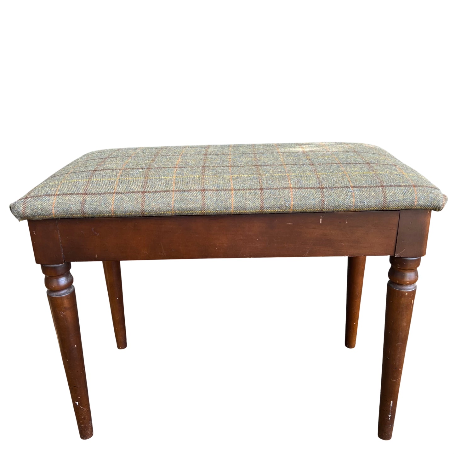 Small upholstered bench with green tweed seat and wooden turned legs