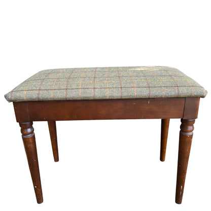 Small upholstered bench with green tweed seat and wooden turned legs