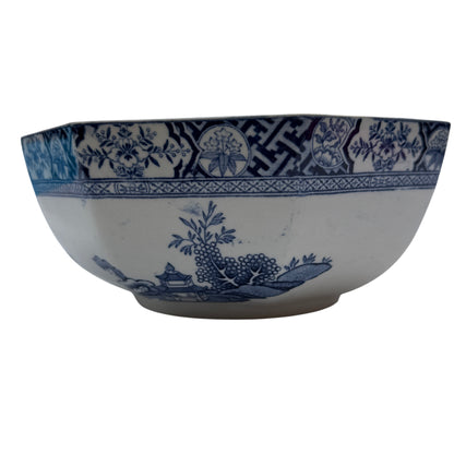 Close-up of transferware landscape scene and patterned border inside the bowl