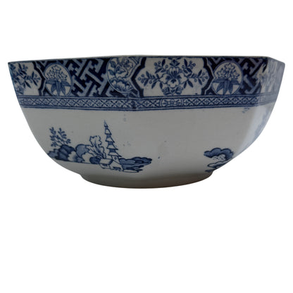 Top-down view of octagonal English transferware serving bowl with decorative panels