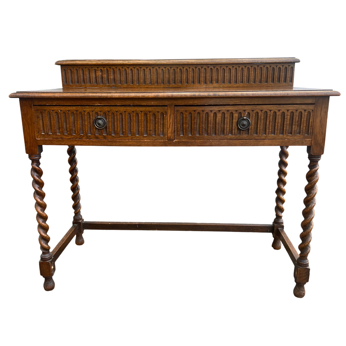 Front view oak console table with two drawers and carved vertical fluting