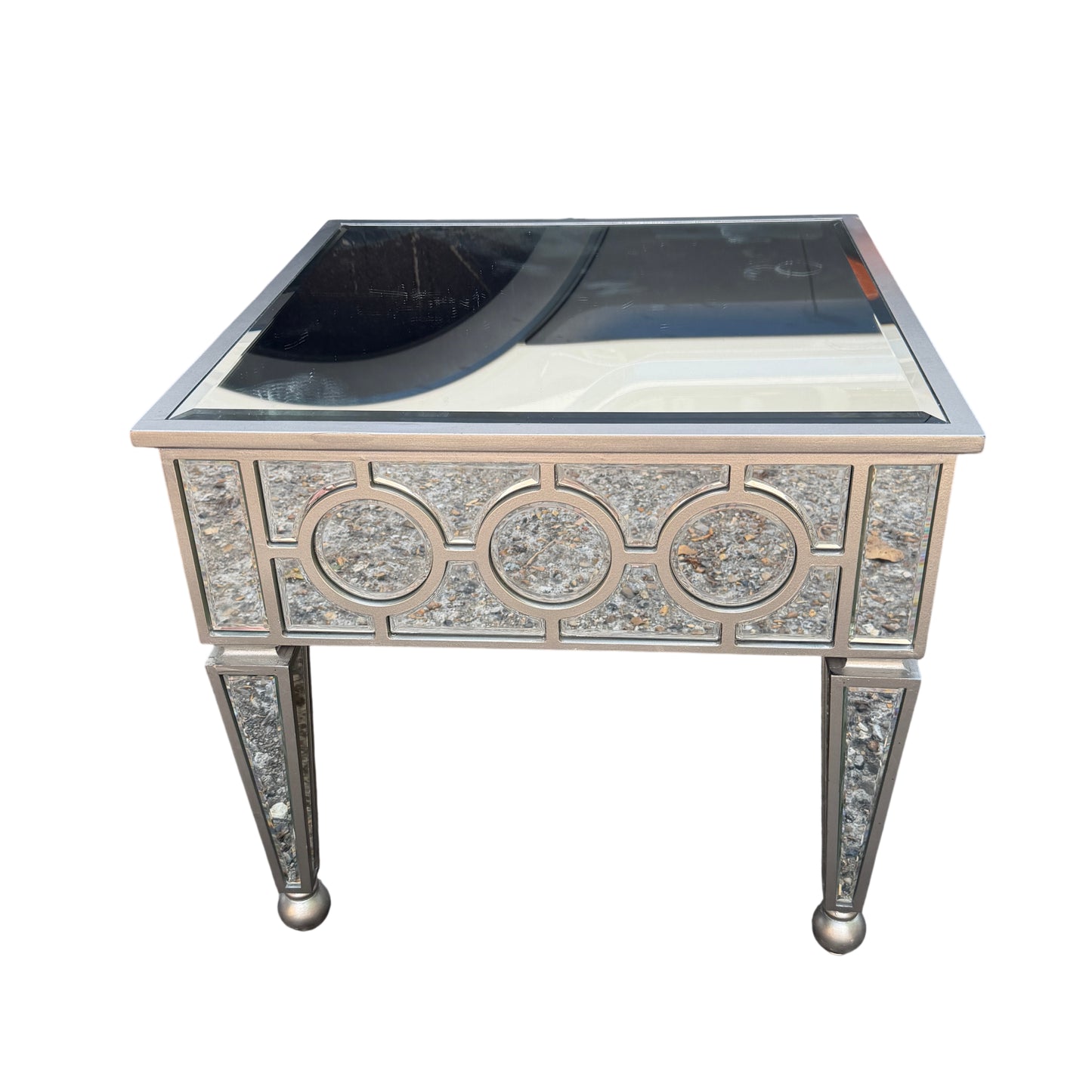 Silver-finish mirrored end table showing turned ball foot and mirrored inset