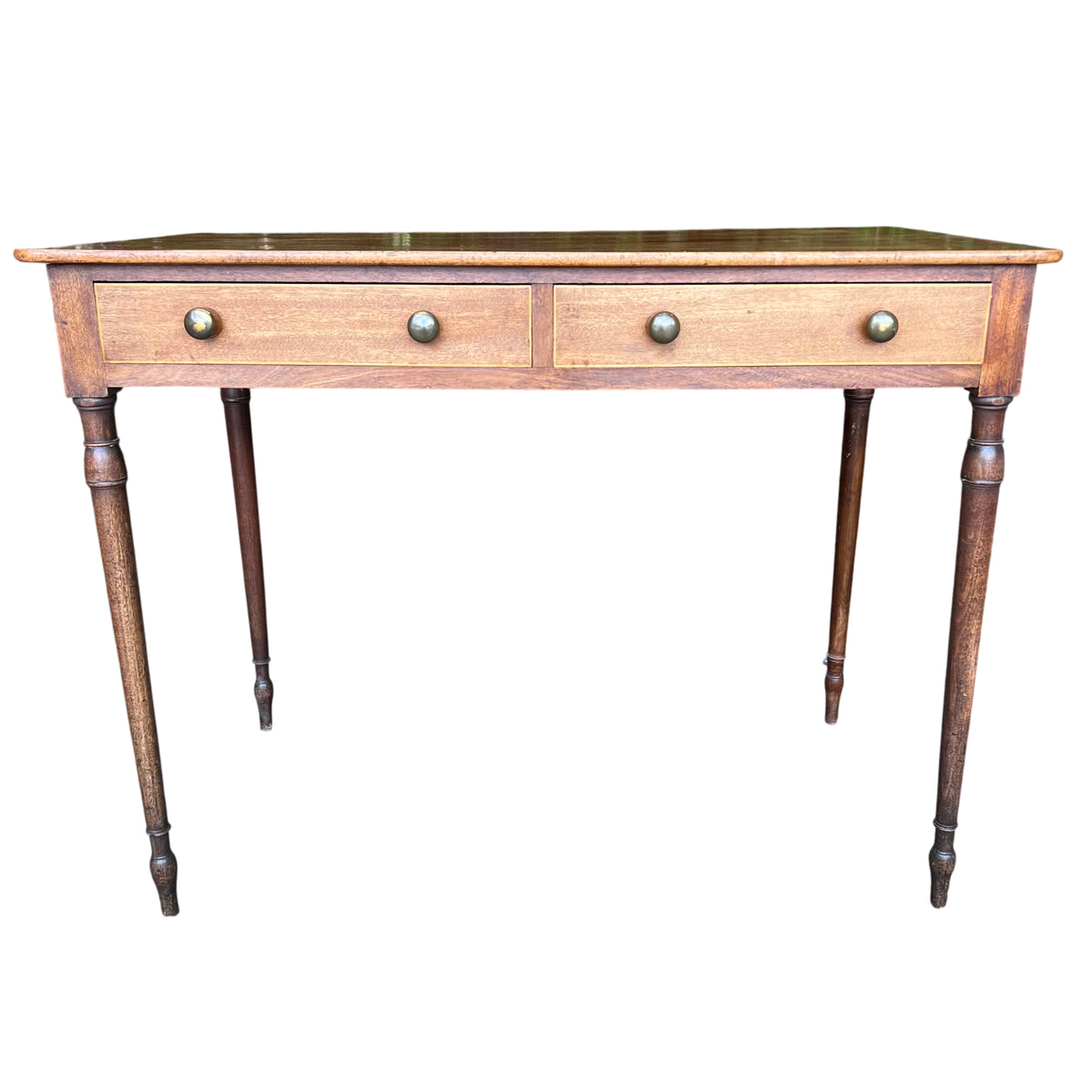 Vintage Victorian hall table showing oak grain top and paired drawer fronts