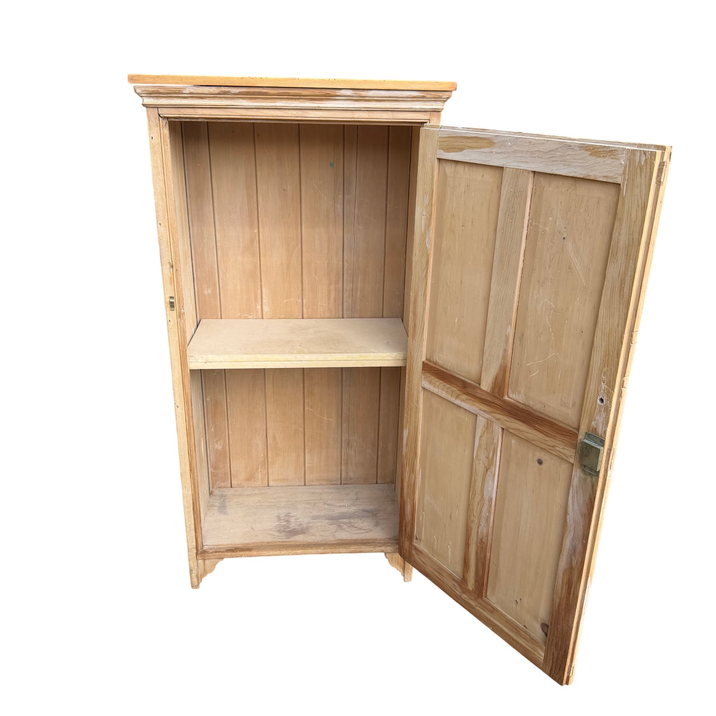 Full height view of narrow pine storage cupboard in outdoor setting