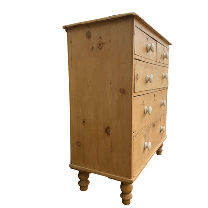 Close-up of top drawers and worn pine surface on Victorian chest