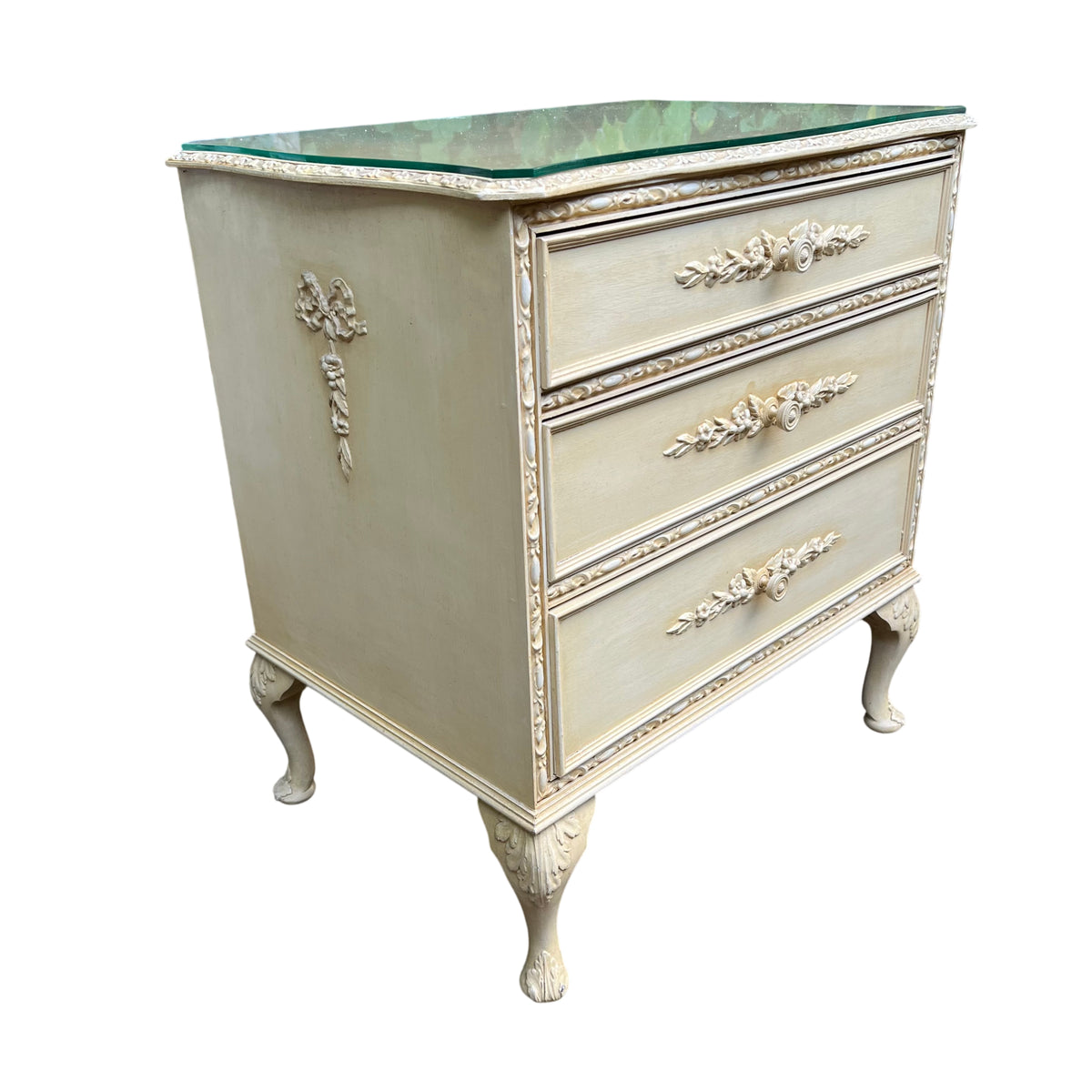 Glass top fitted to a vintage painted chest of drawers with a shallow surface scratch