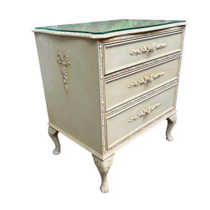 Glass top fitted to a vintage painted chest of drawers with a shallow surface scratch