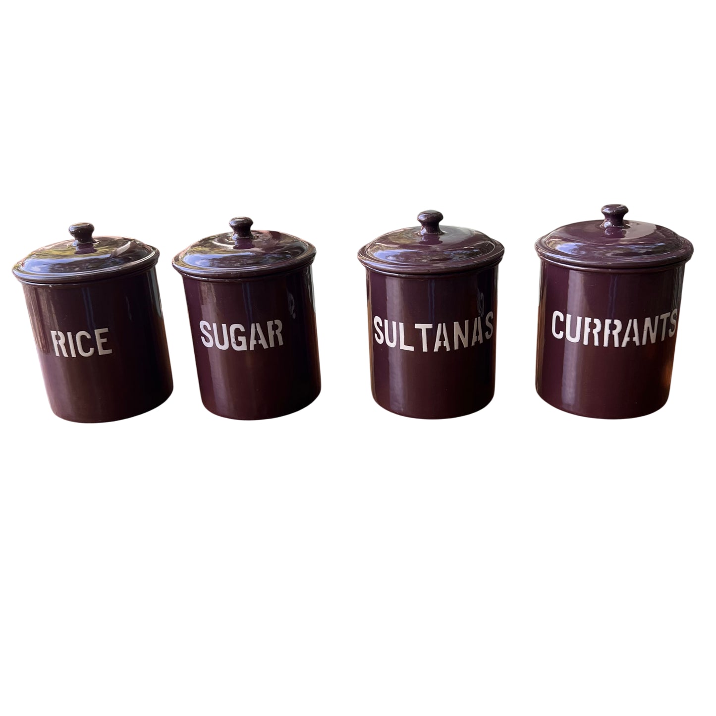 Vintage enamel kitchen canisters set with retro pantry storage look