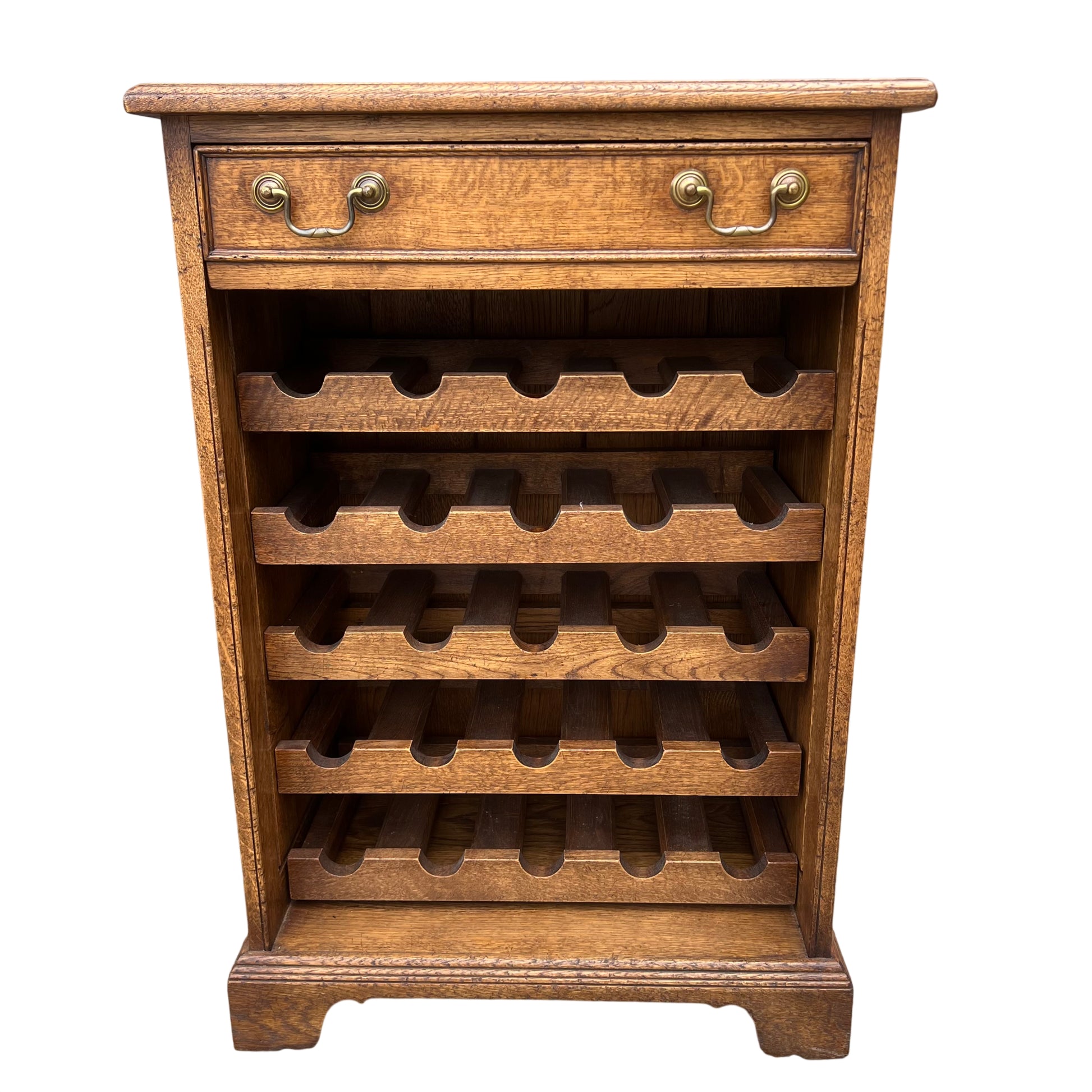 Oak wine rack cabinet with single drawer and brass handles Arts & Crafts style