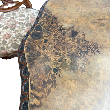 Chair seat upholstery with floral tapestry fabric and carved wooden apron