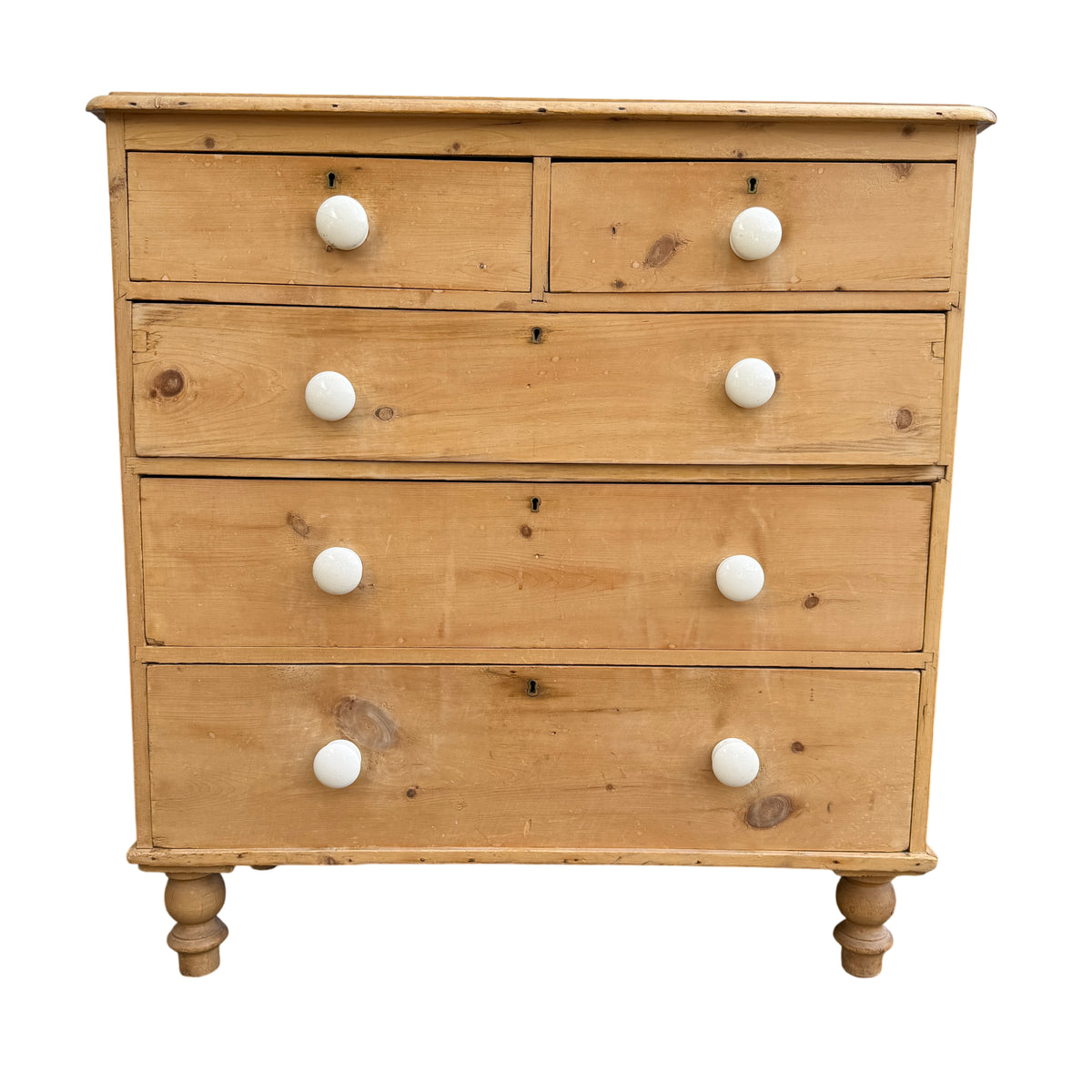 Antique pine chest of drawers two short over three long drawers with ceramic knobs