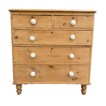 Antique pine chest of drawers two short over three long drawers with ceramic knobs