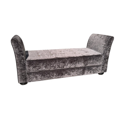Contemporary grey velvet chaise with buttoned cushion and turned wooden feet