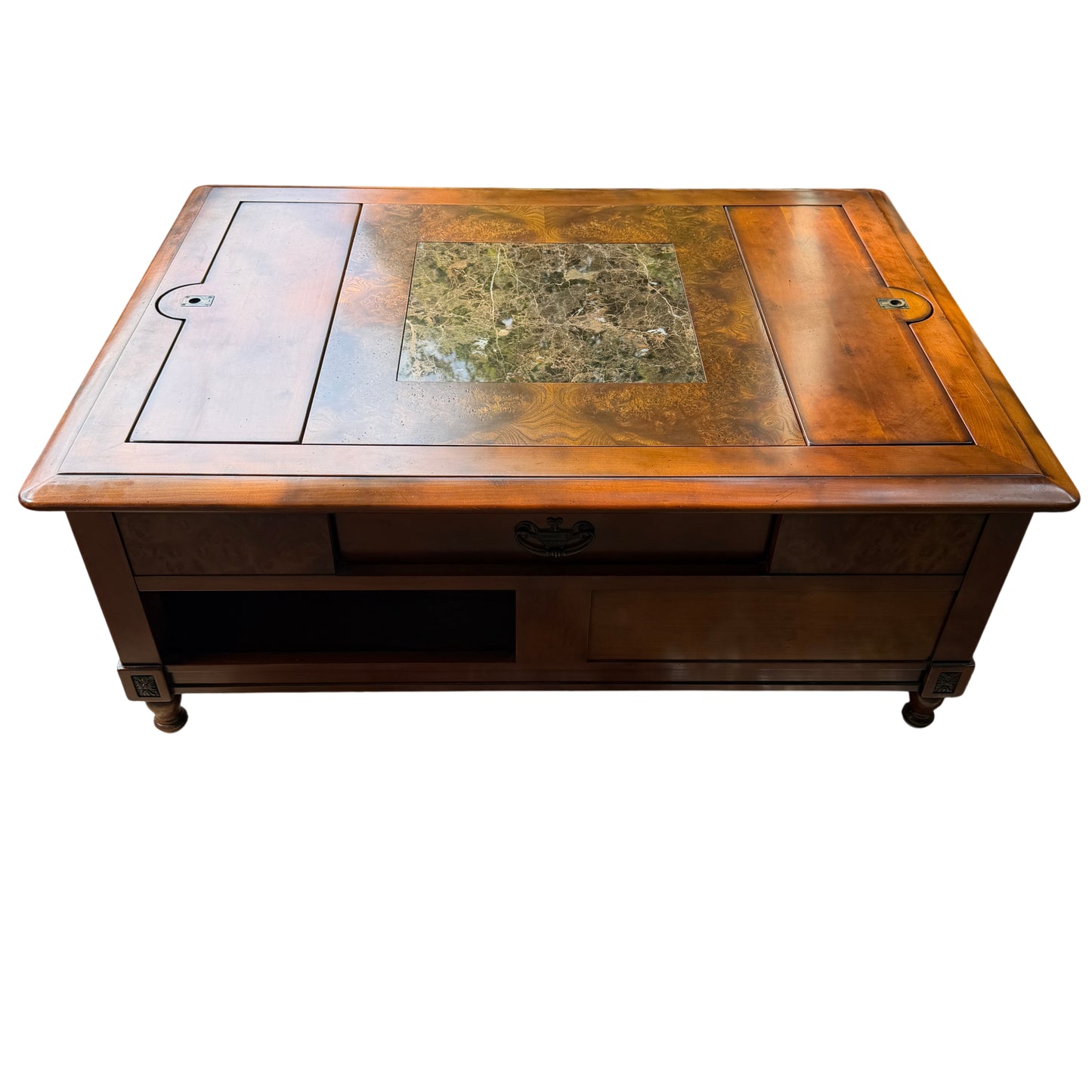 Underside view showing turned legs and base plinth of coffee table