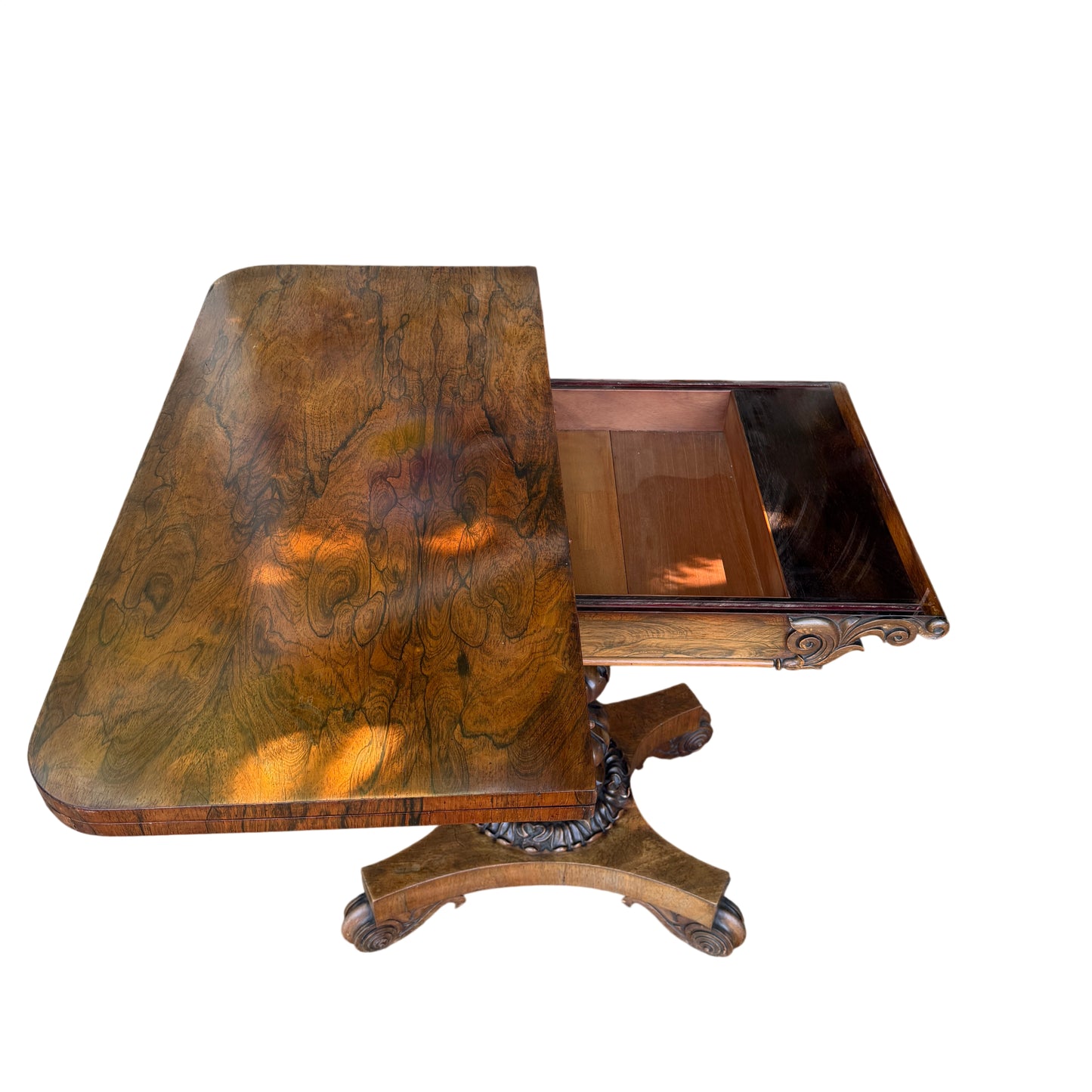 Tilt-top console table in rosewood veneer with single side drawer and brass castors