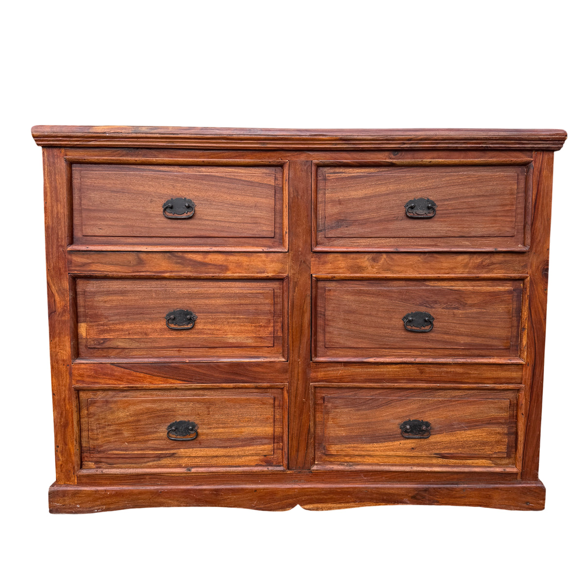Front view of rustic six-drawer solid wood chest with recessed panels and moulded top
