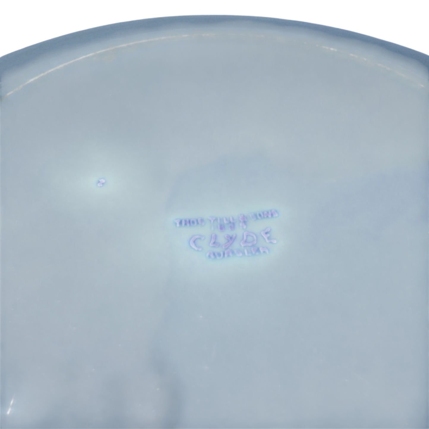 Side perspective of blue and white Clyde pattern plate showing shallow dish profile