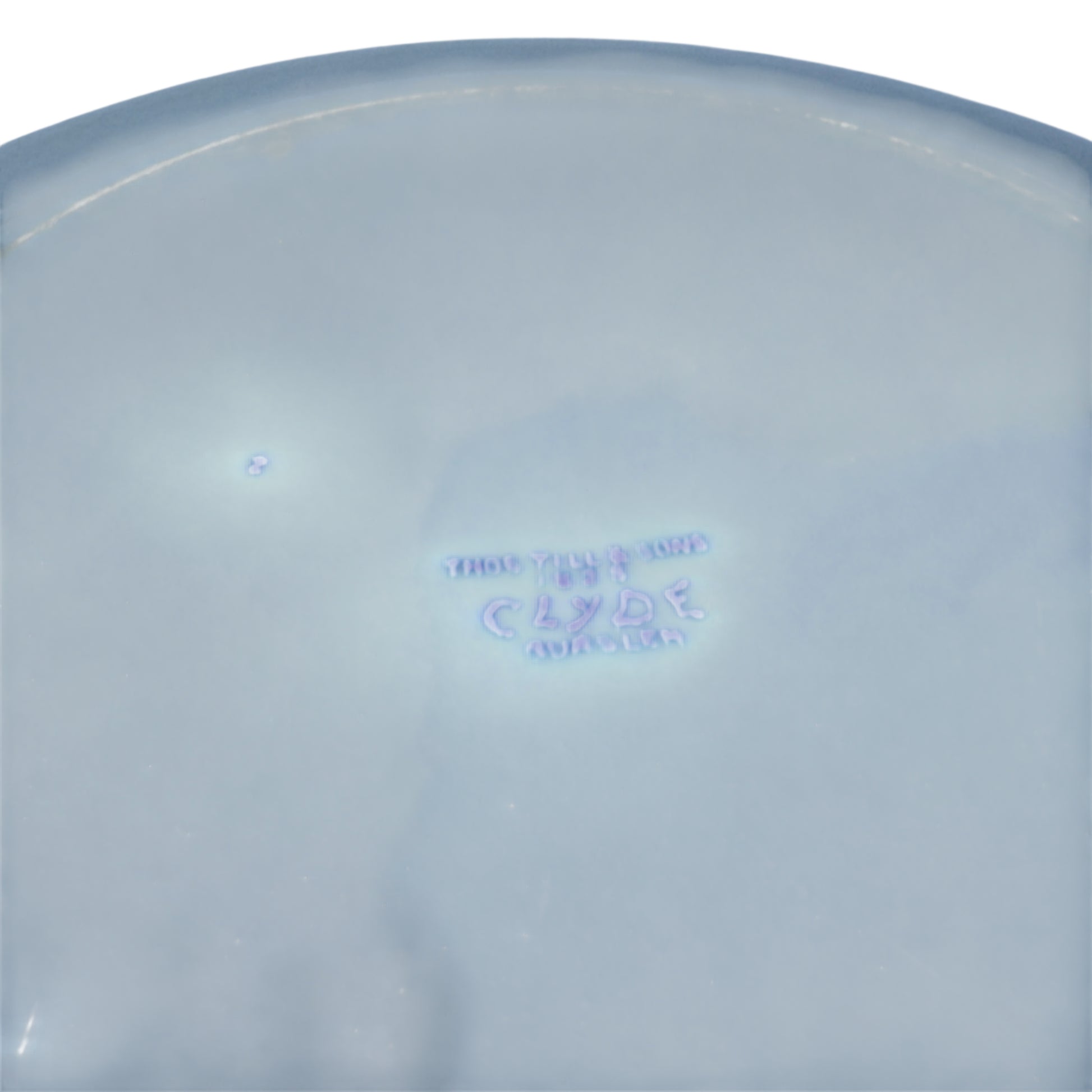 Side perspective of blue and white Clyde pattern plate showing shallow dish profile