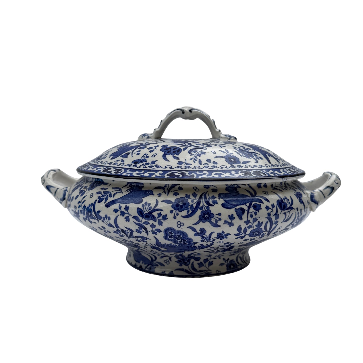 Burleigh Asiatic Pheasants blue and white covered vegetable tureen with lid in place