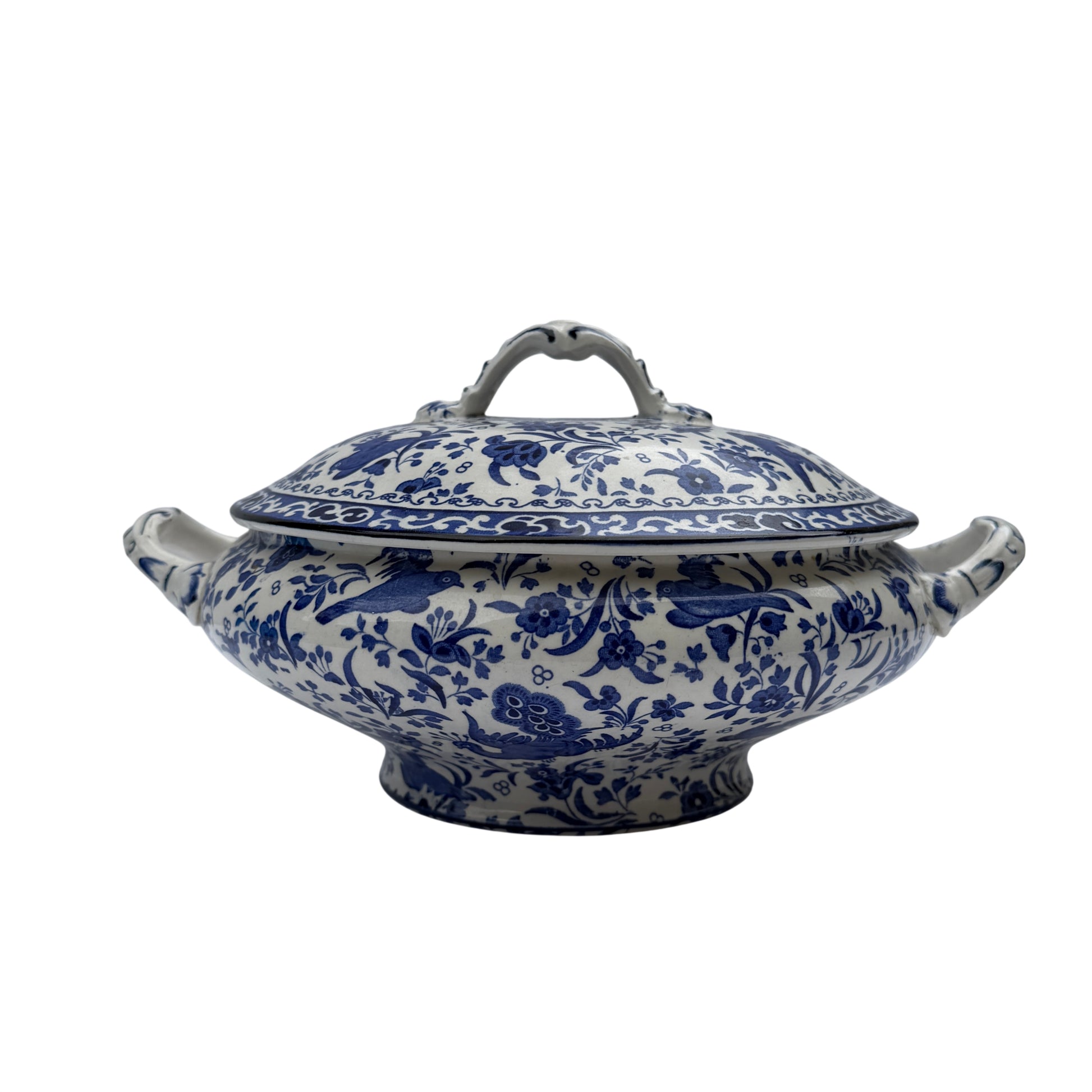 Burleigh Asiatic Pheasants blue and white covered vegetable tureen with lid in place