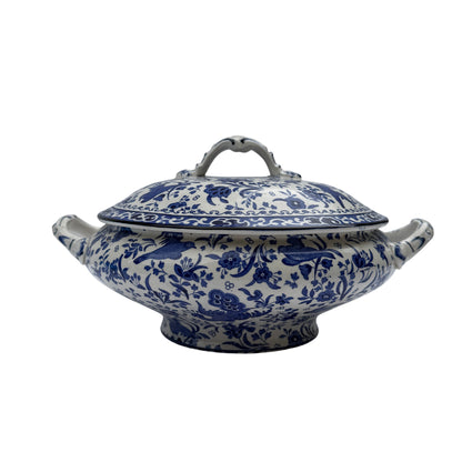 Burleigh Asiatic Pheasants blue and white covered vegetable tureen with lid in place