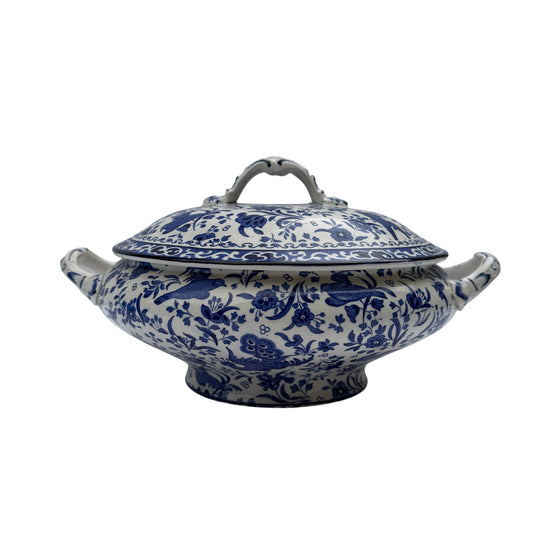 Burleigh Asiatic Pheasants blue and white covered vegetable tureen with lid in place