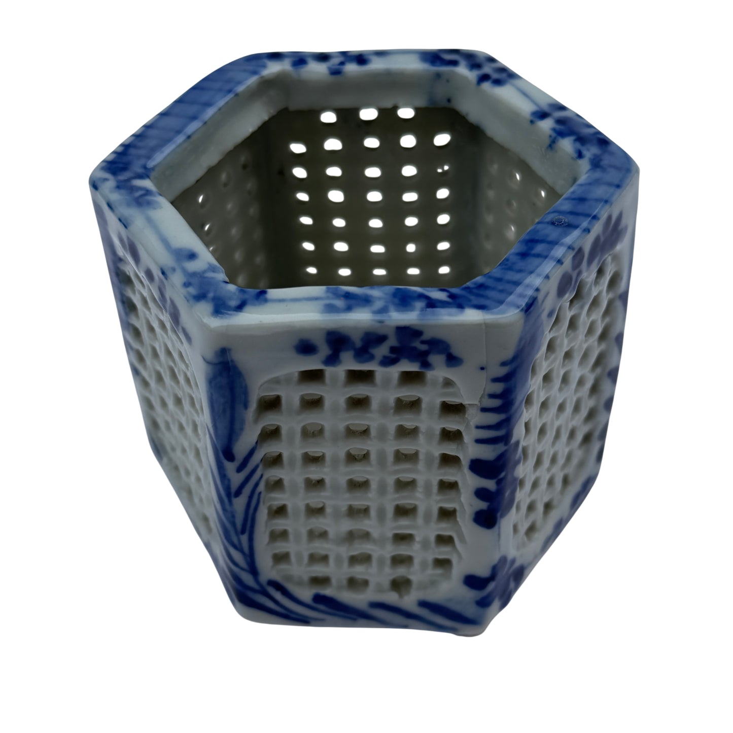 Victorian blue and white pierced porcelain brush pot with six short feet