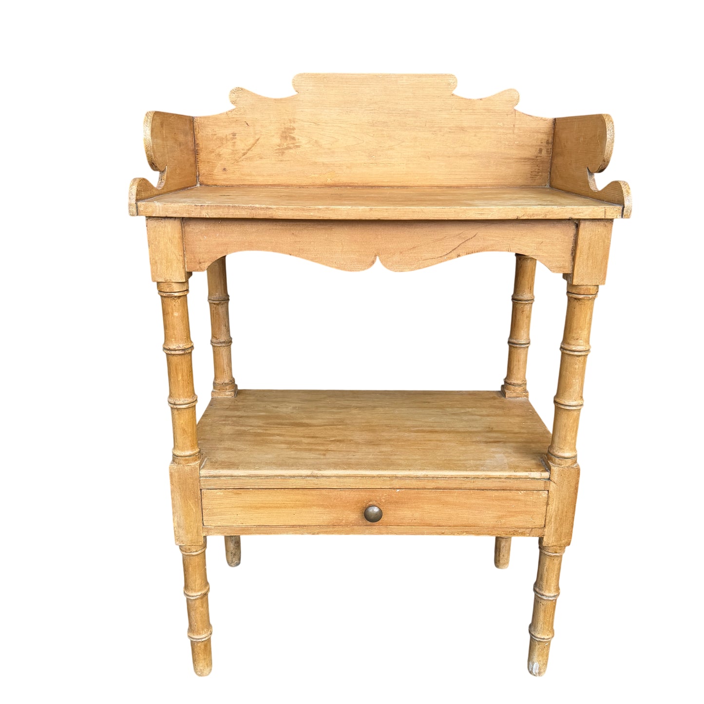 Front view Victorian pine bedside cabinet with lower shelf and turned supports