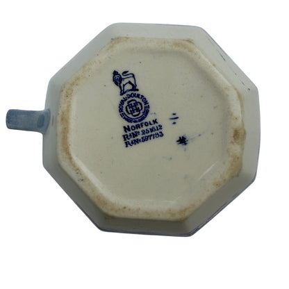 Angled view of octagonal body and blue transferware decoration on jug