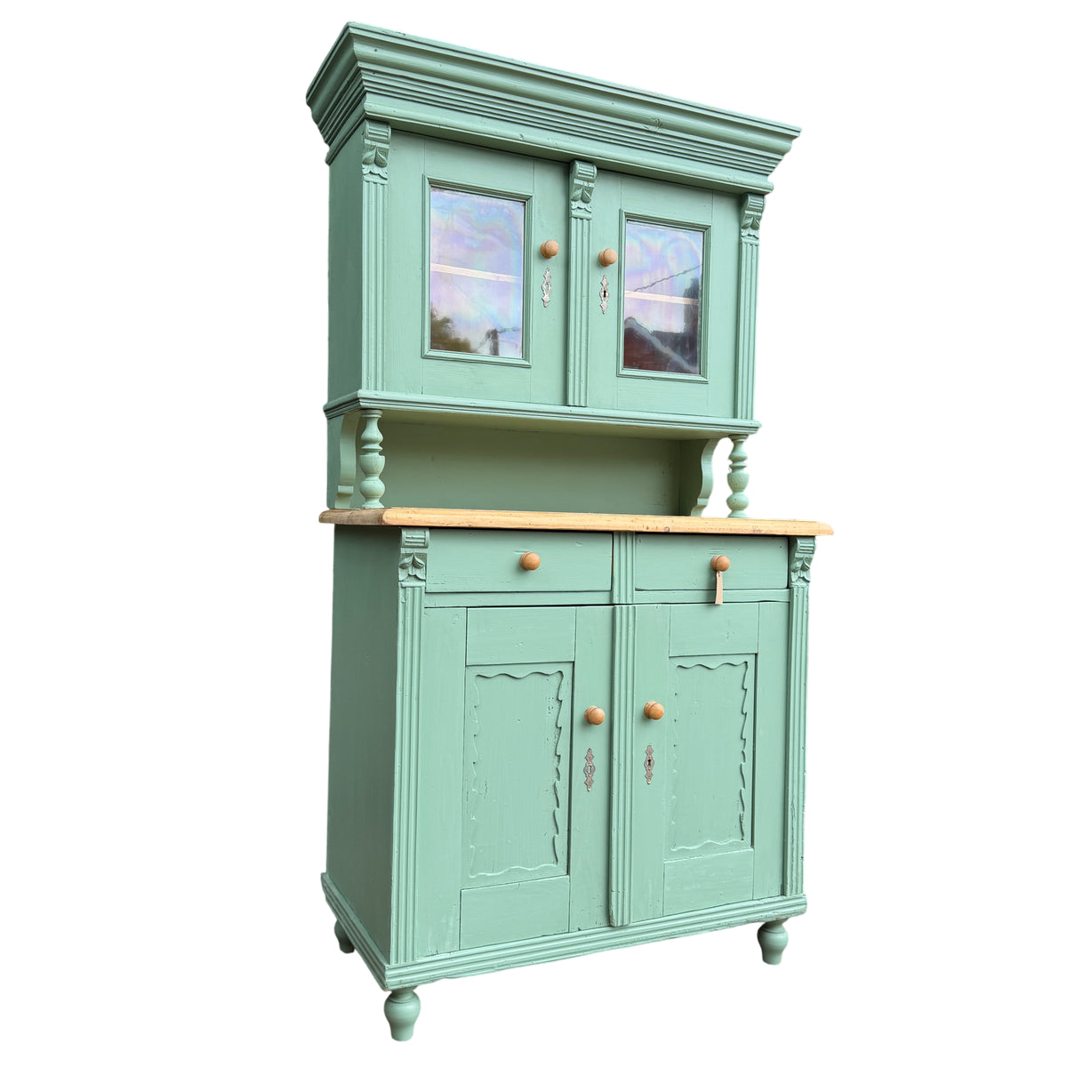 Two-tier painted pine kitchen dresser with glazed display doors and turned supports