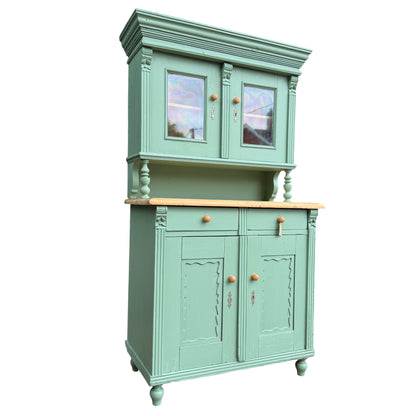 Two-tier painted pine kitchen dresser with glazed display doors and turned supports