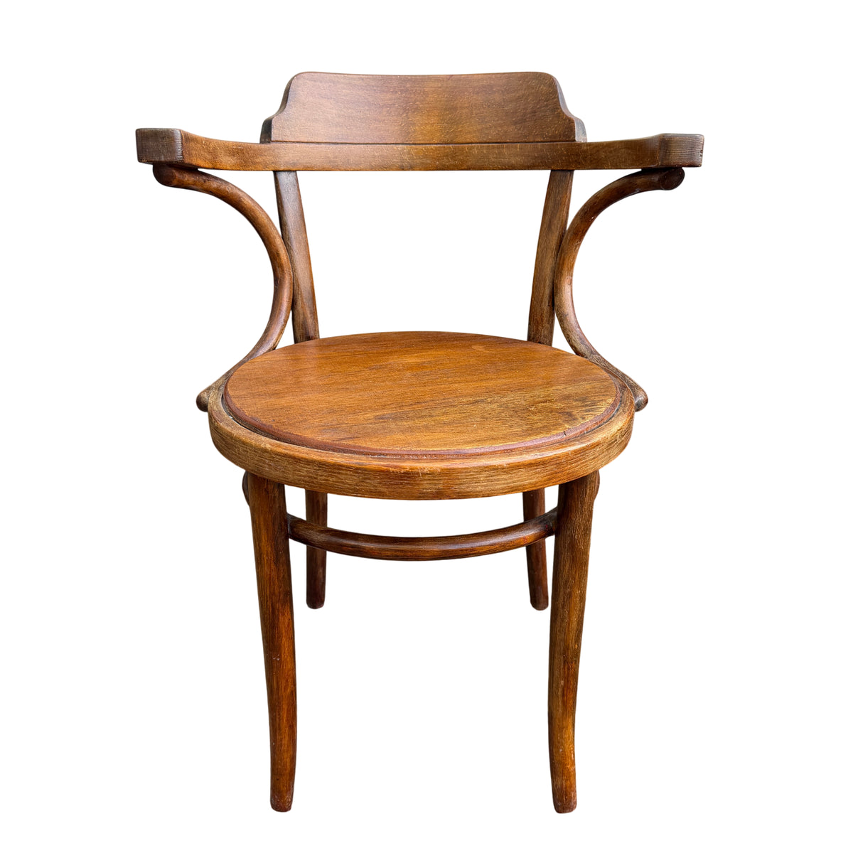 Vintage bentwood bistro chair with round solid seat and curved back rail in wooden finish