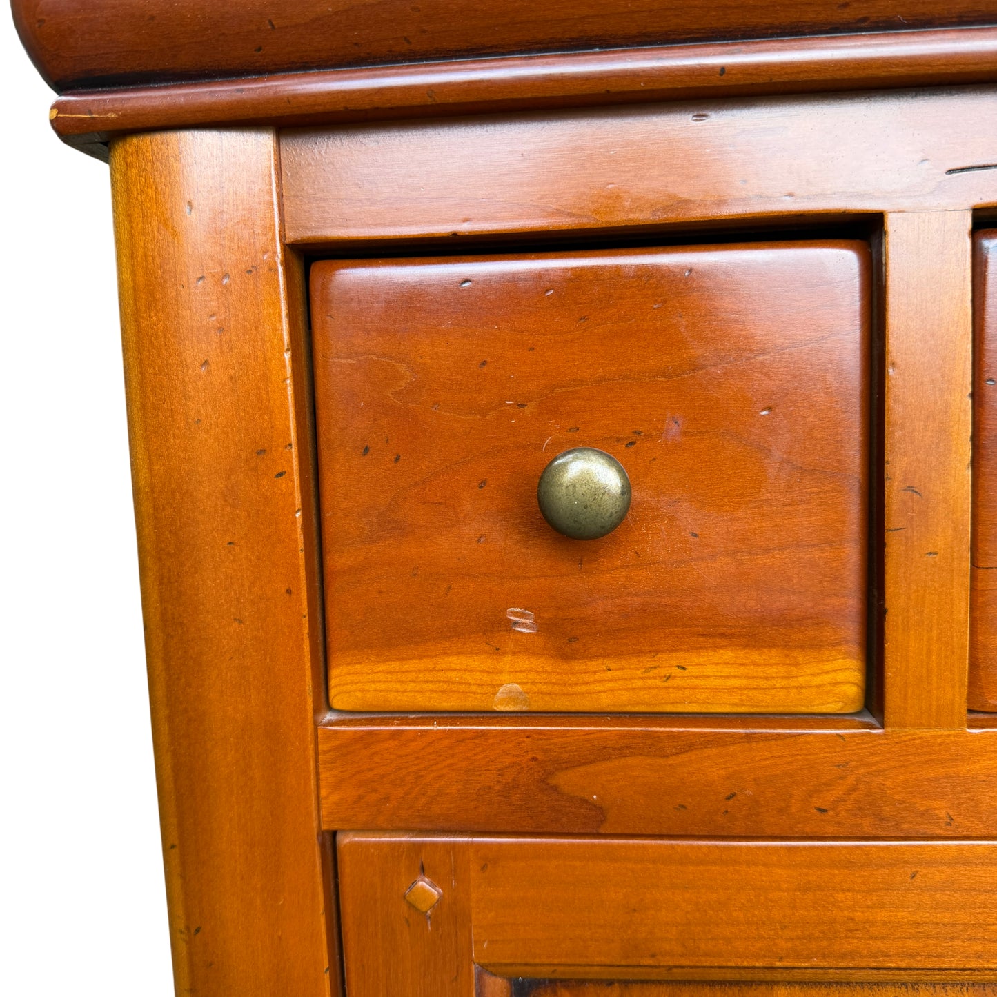 Detail of working lock and key on French reproduction wooden cupboard