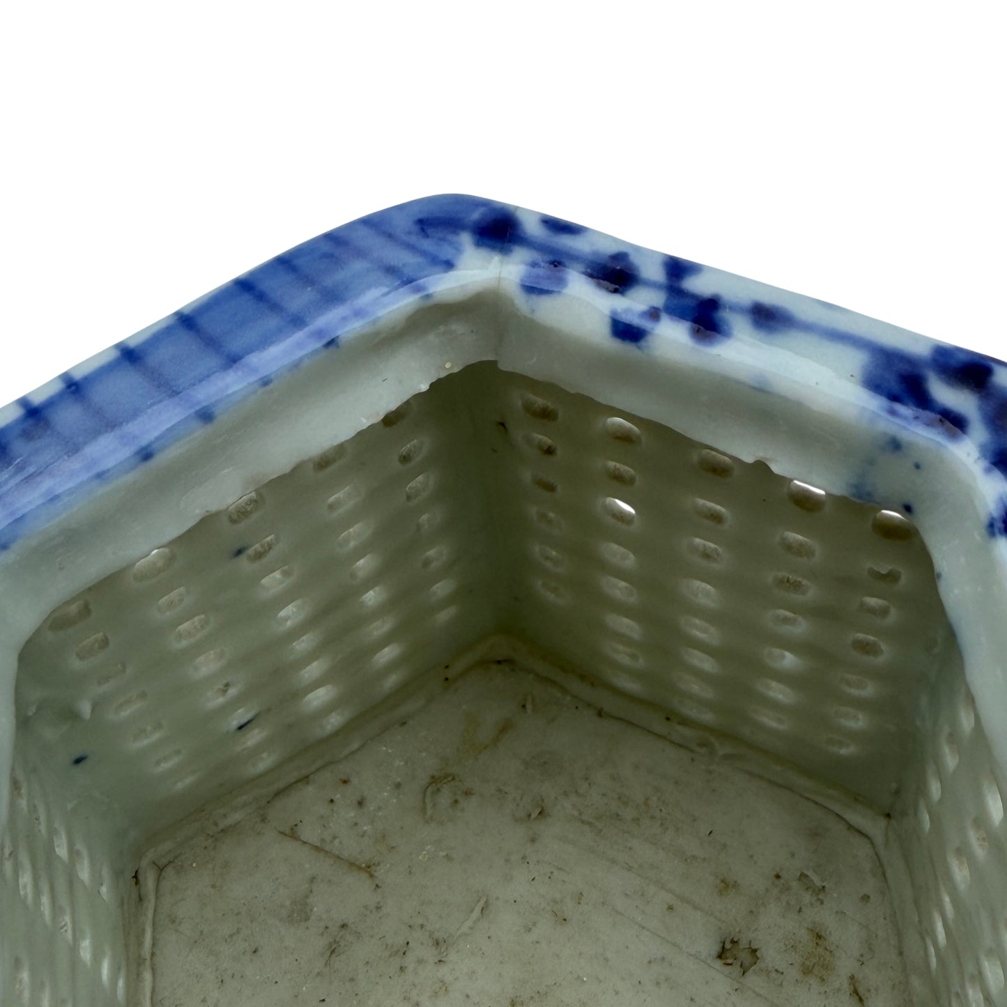 Victorian-era blue and white porcelain cachepot with latticework panels