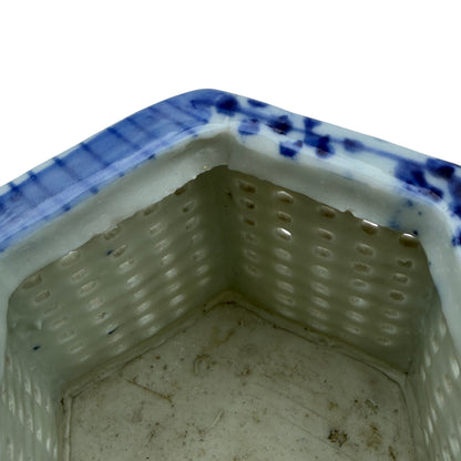 Victorian-era blue and white porcelain cachepot with latticework panels