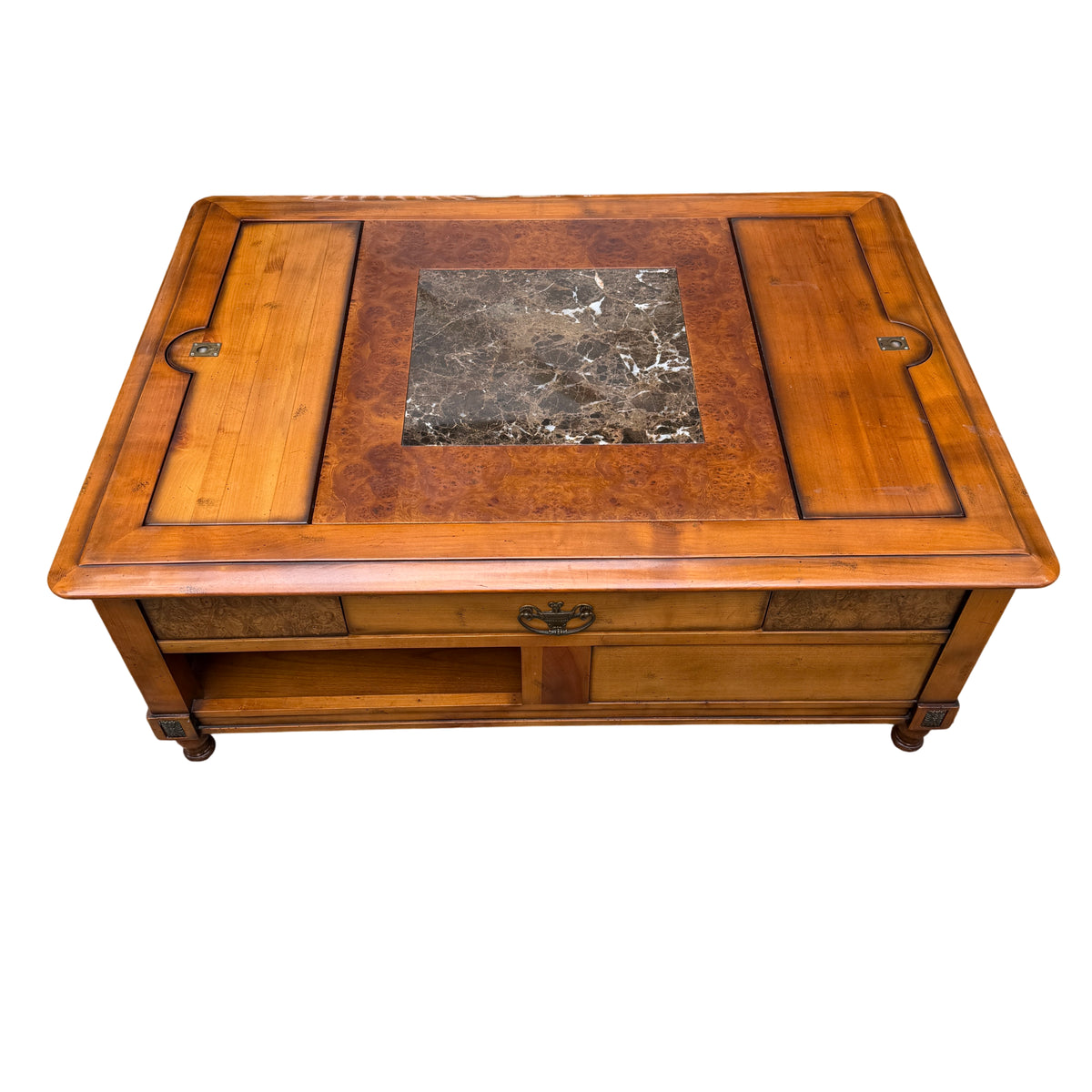 Large solid wood coffee table with stone centre and lift-up storage compartments