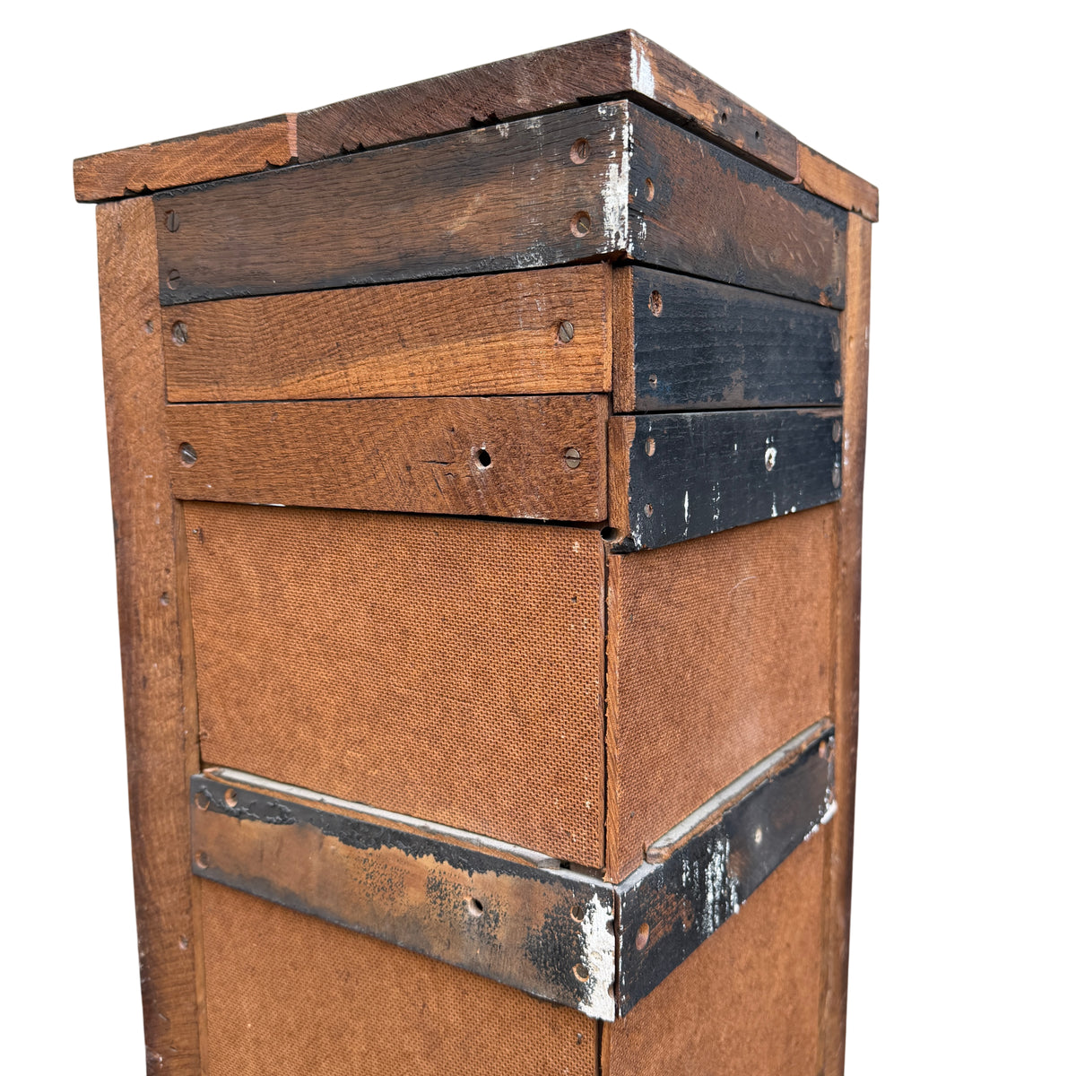 Side view showing latch and peg detail on oak corner wall cabinet