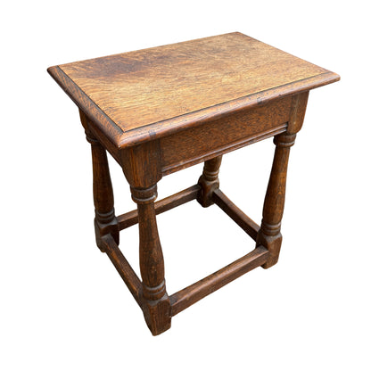 Vintage oak joint stool side table with pegged top and bobbin-turned legs