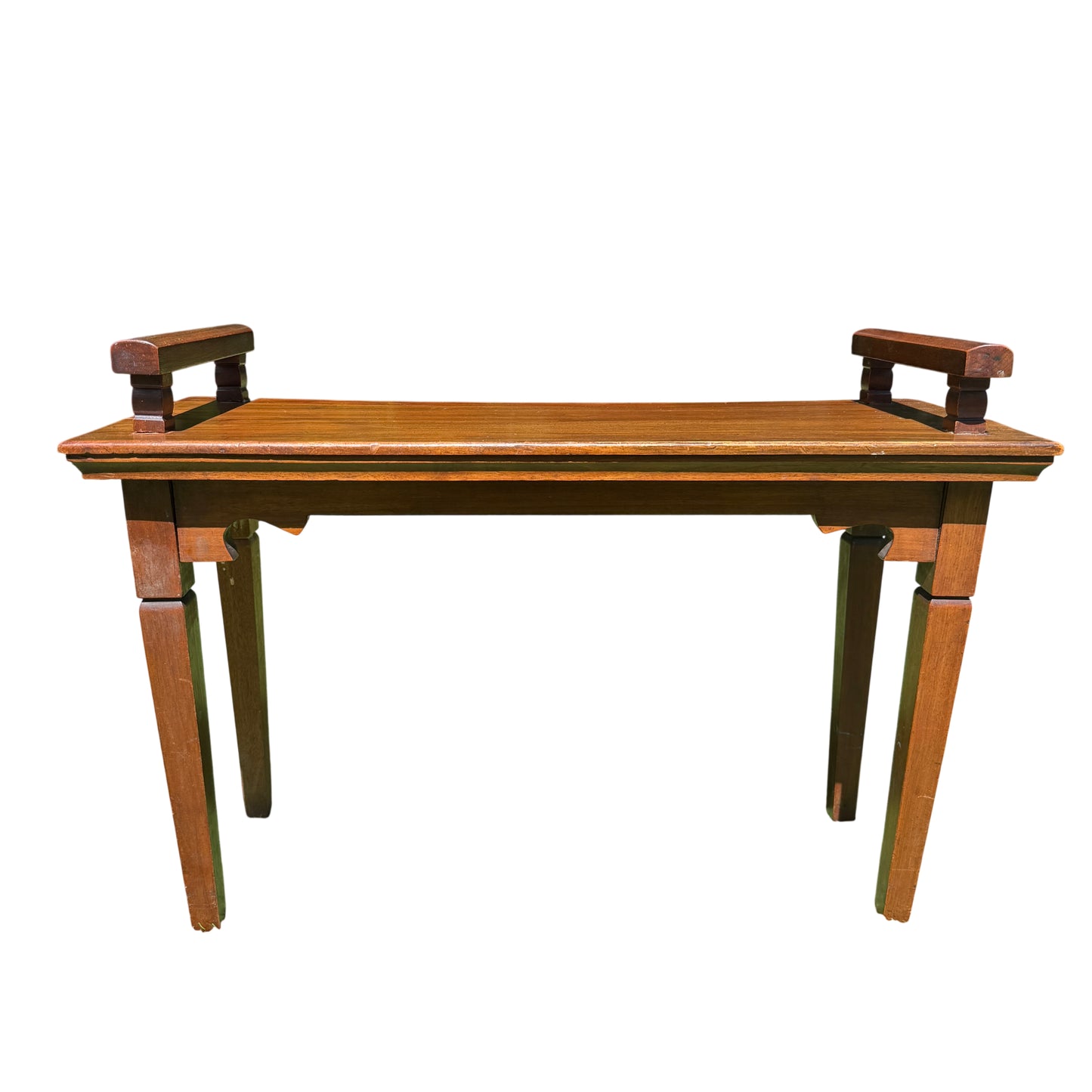 Side view of vintage mahogany serving table showing square tapering legs and shaped corner brackets