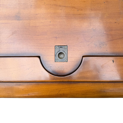 Detail of lift-up top mechanism and recessed finger pulls on coffee table