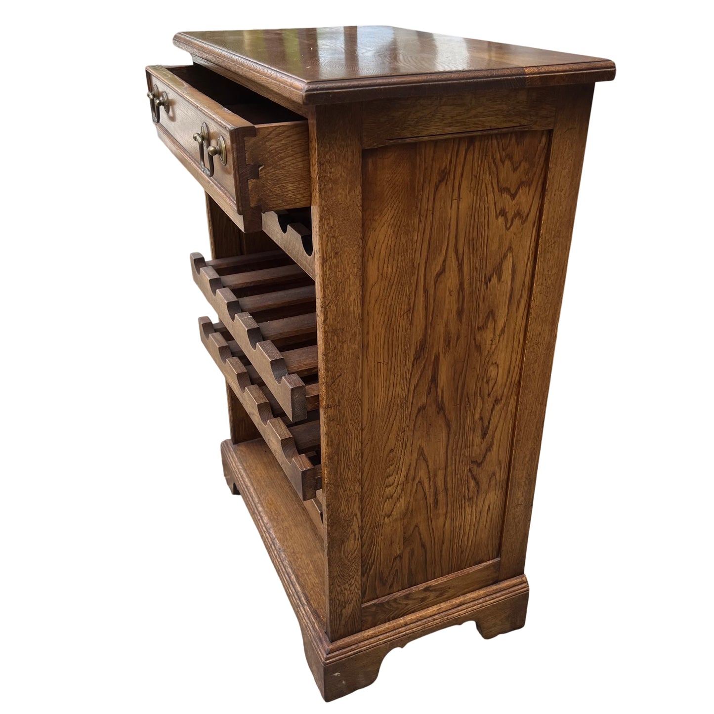 Solid oak drinks cabinet with drawer and internal bottle racks