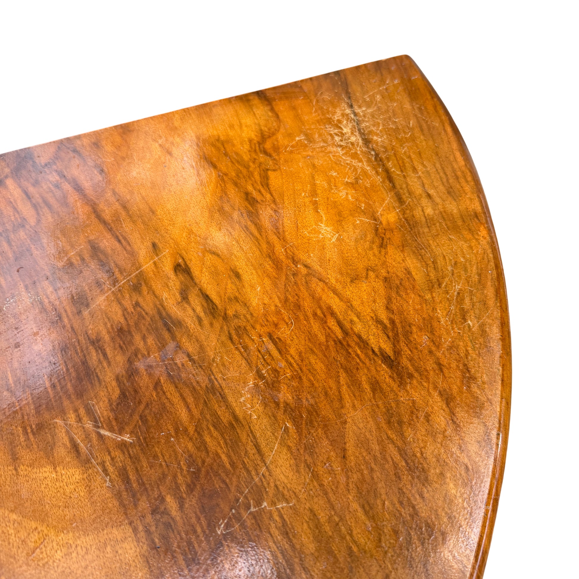 Three legged vintage hall table with pad feet and walnut finish