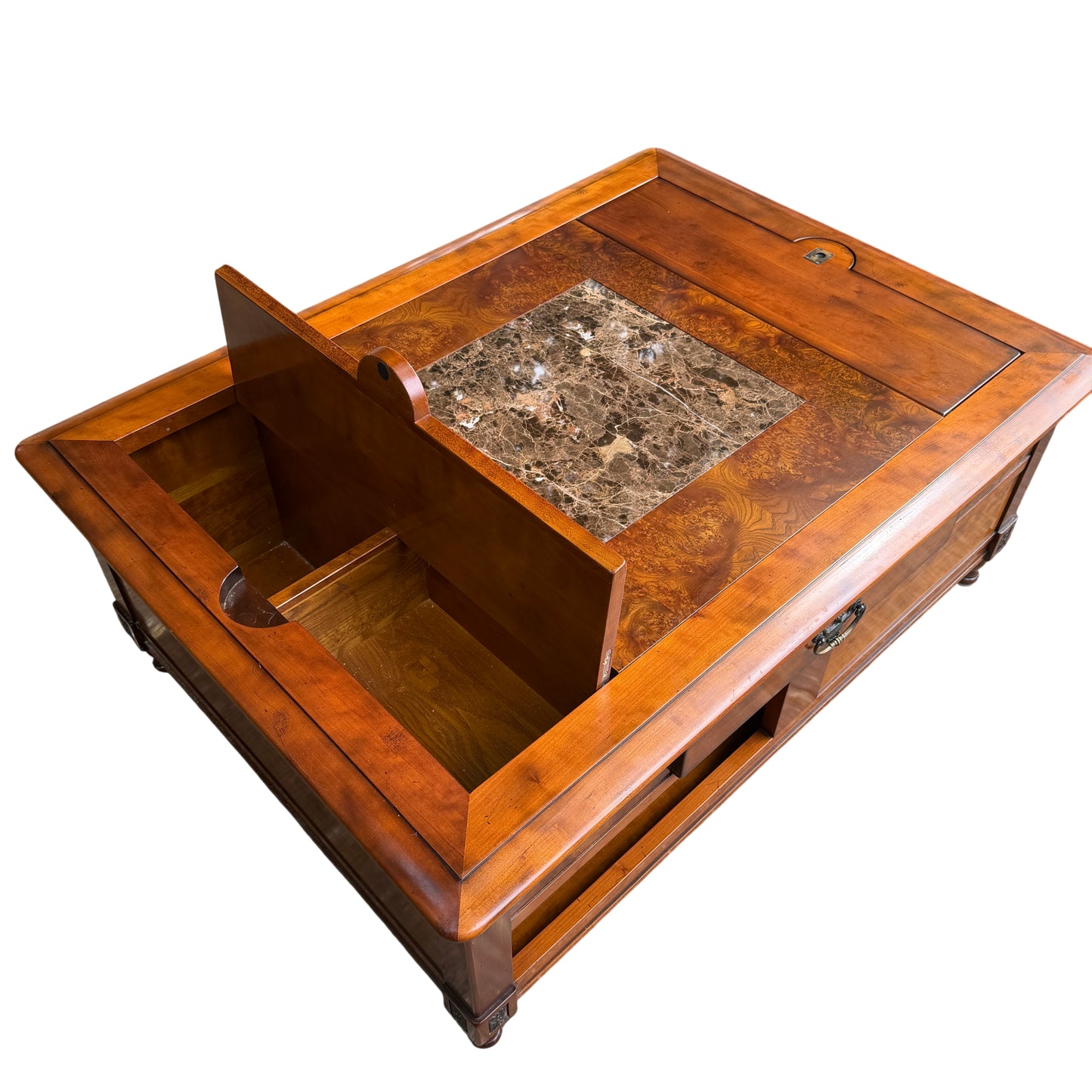 Long drawer accessible from both ends on wooden coffee table