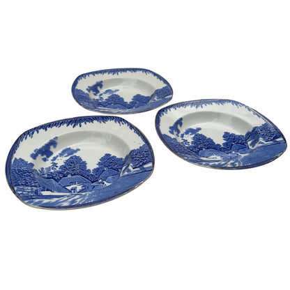Single Burleigh Ware blue and white soup bowl showing village transfer scene and gilt edge