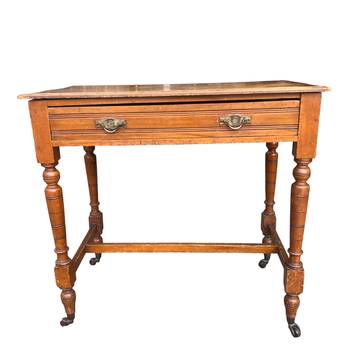 Small Victorian pine hall table with turned legs and brass-effect drawer handles