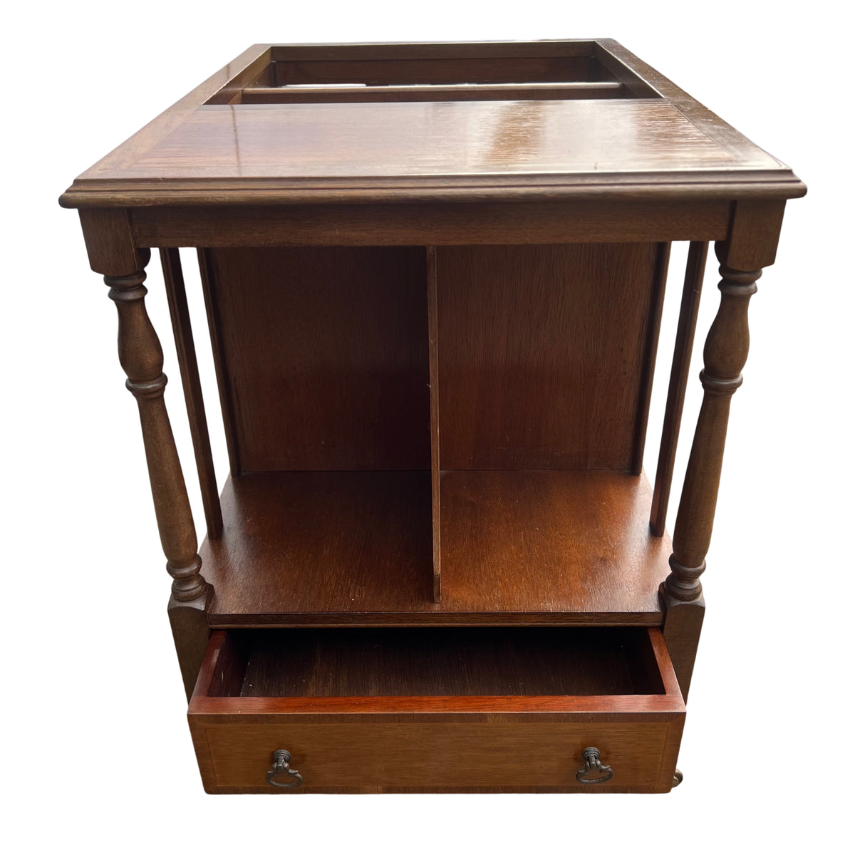 Front view of wooden Canterbury with drawer and pair of antique style handles