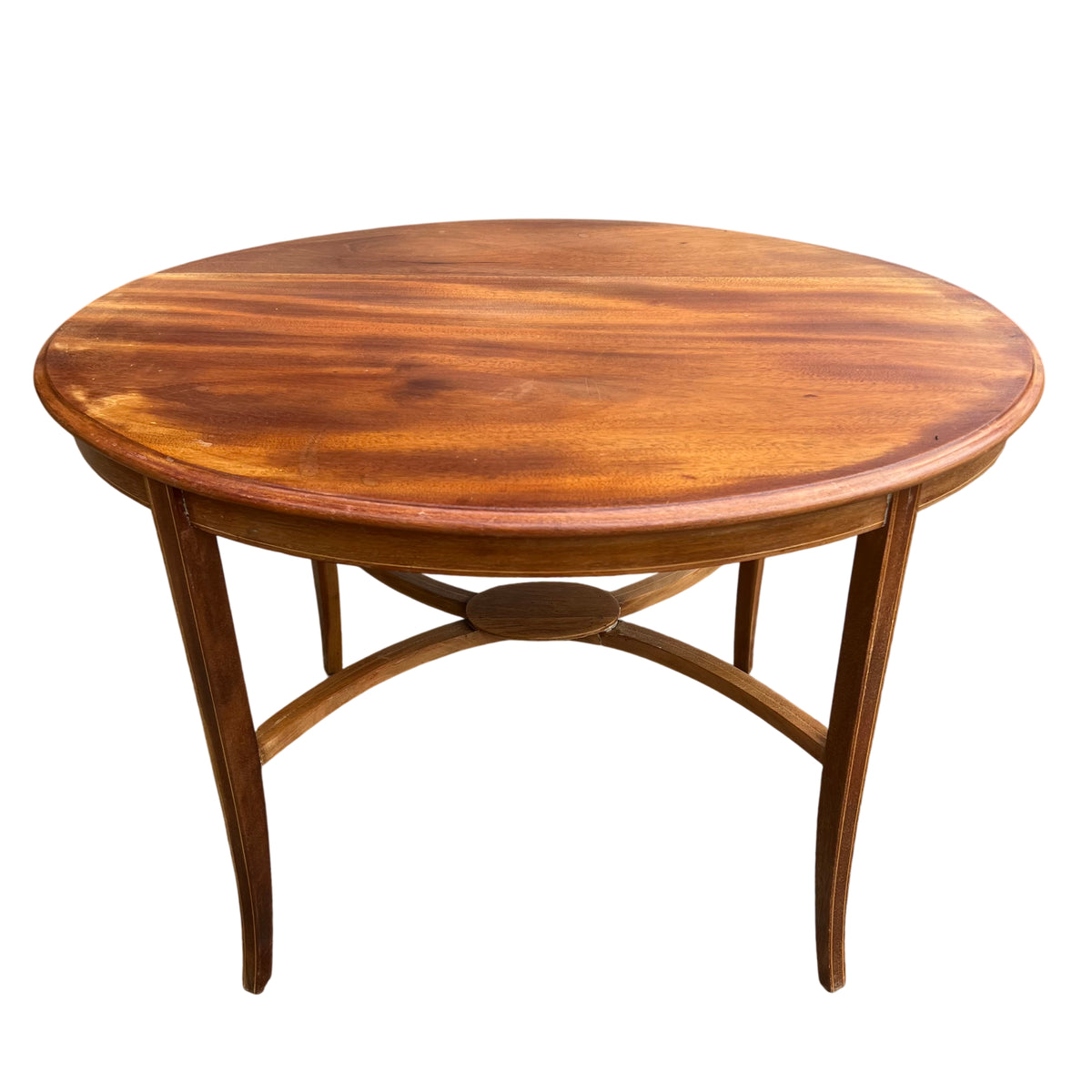 Mid century round solid wood occasional table with cross-stretcher and oval centre detail